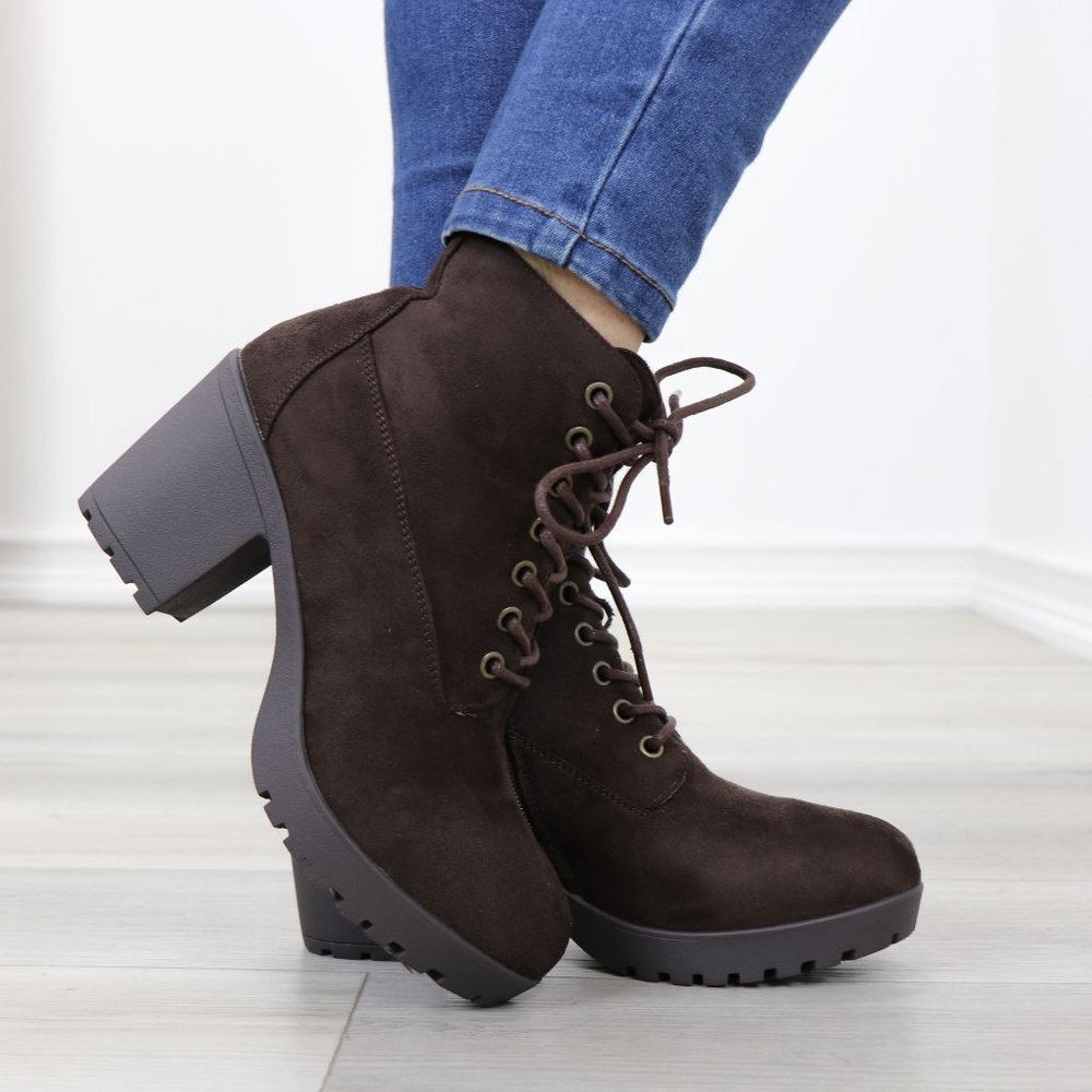 Brown Faux Suede Lace-Up Lug Chunky Block High Heel Ankle Boots - Picture 5 of 12